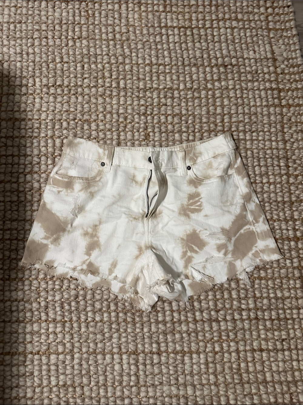 aerie Cream and Tan Tie-Dye High-Rise Denim Shorts